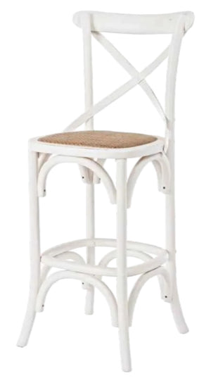 Sgabello cross bistrot shabby bianco legno olmo seduta rivestita rattan naturale 50x55x116 - Mobili 2G