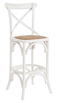 Sgabello cross bistrot shabby bianco legno olmo seduta rivestita rattan naturale 50x55x116 - Mobili 2G
