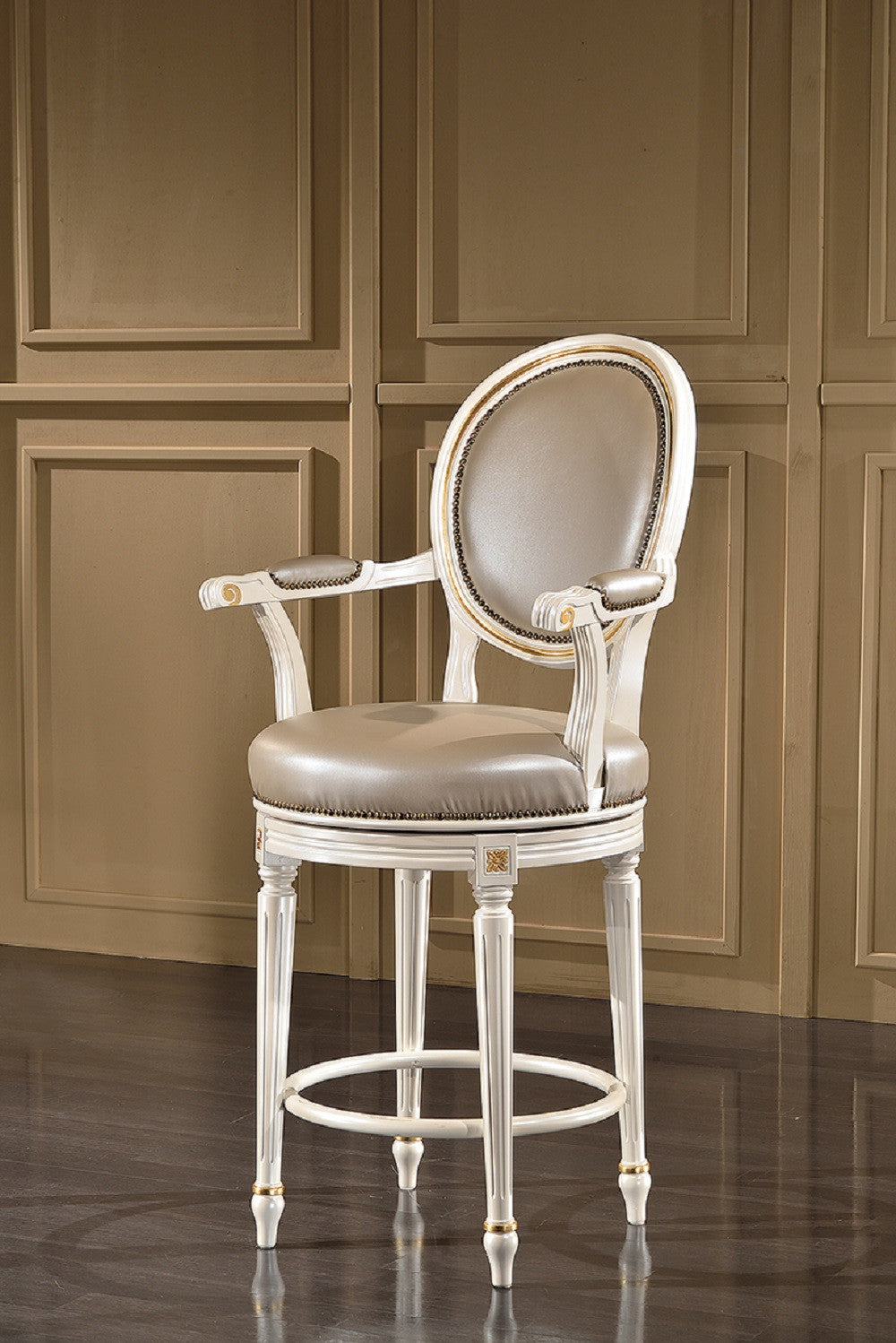 Sgabello girevole shabby bianco/oro in legno imbottito