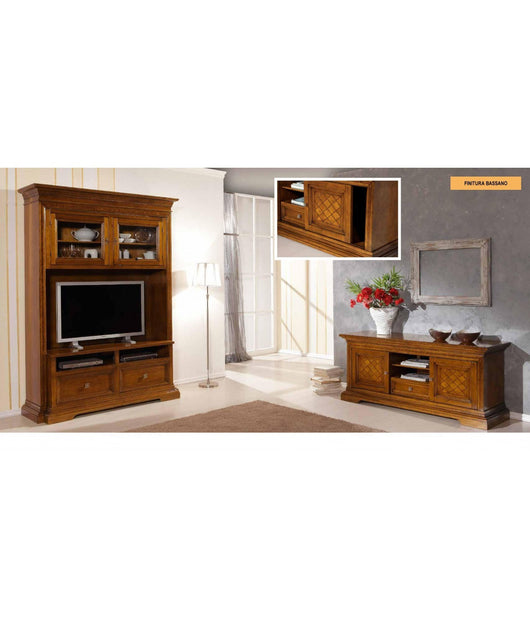 Soggiorno arte povera con intarsio a rombi in legno tinta noce