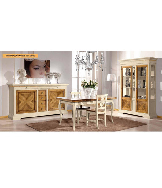 Soggiorno arte povera in legno intarsiata avorio noce grano