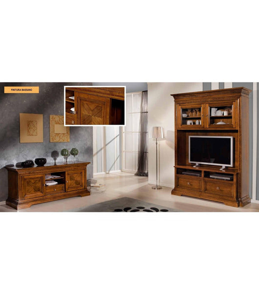 Soggiorno arte povera intarsio a croce in legno tinta noce