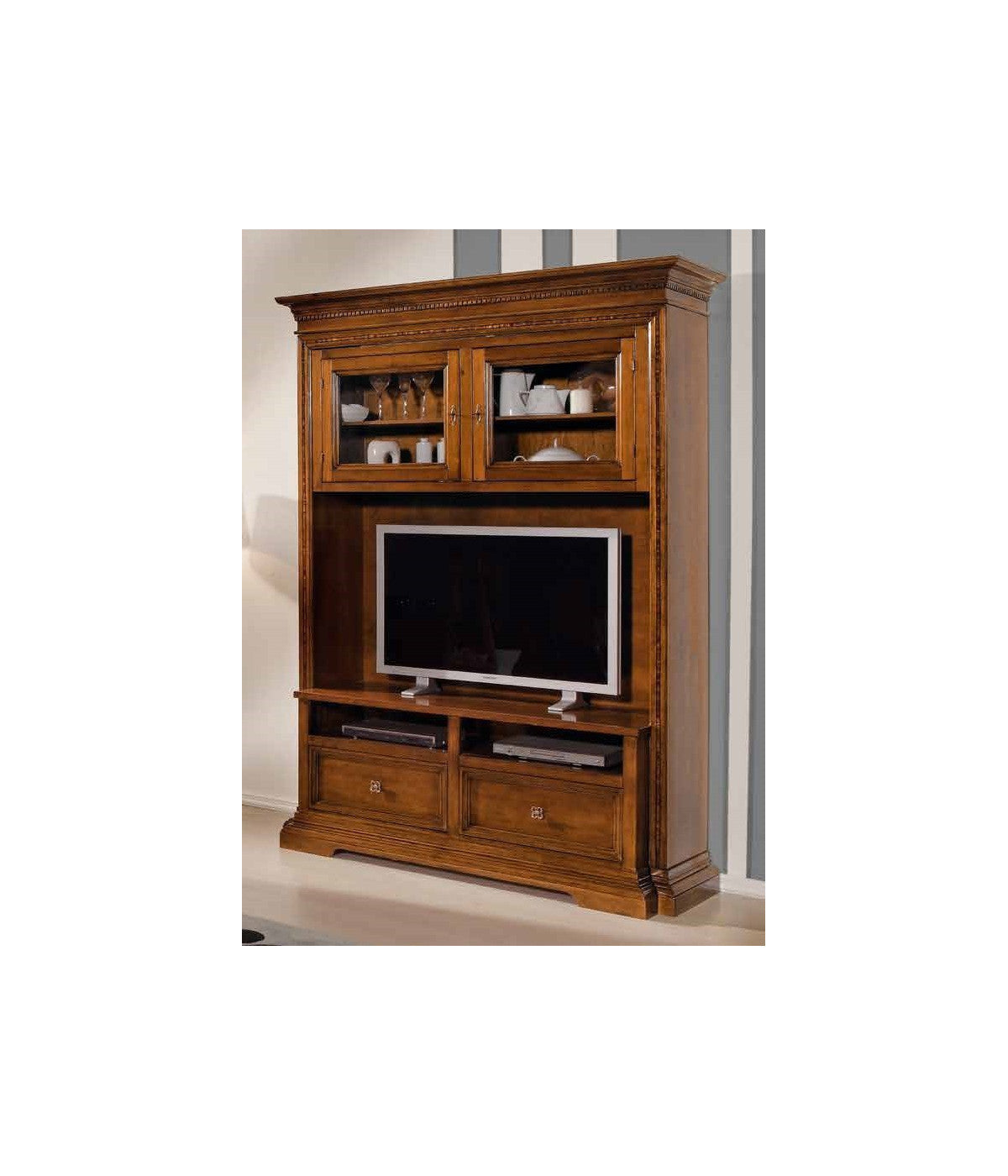 Soggiorno arte povera intarsio a croce in legno tinta noce