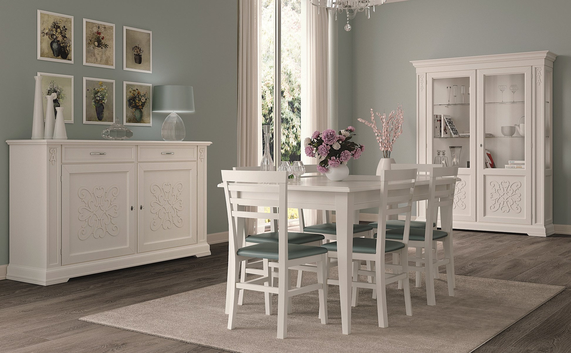 Soggiorno arte povera shabby chic in legno con intarsio bianco