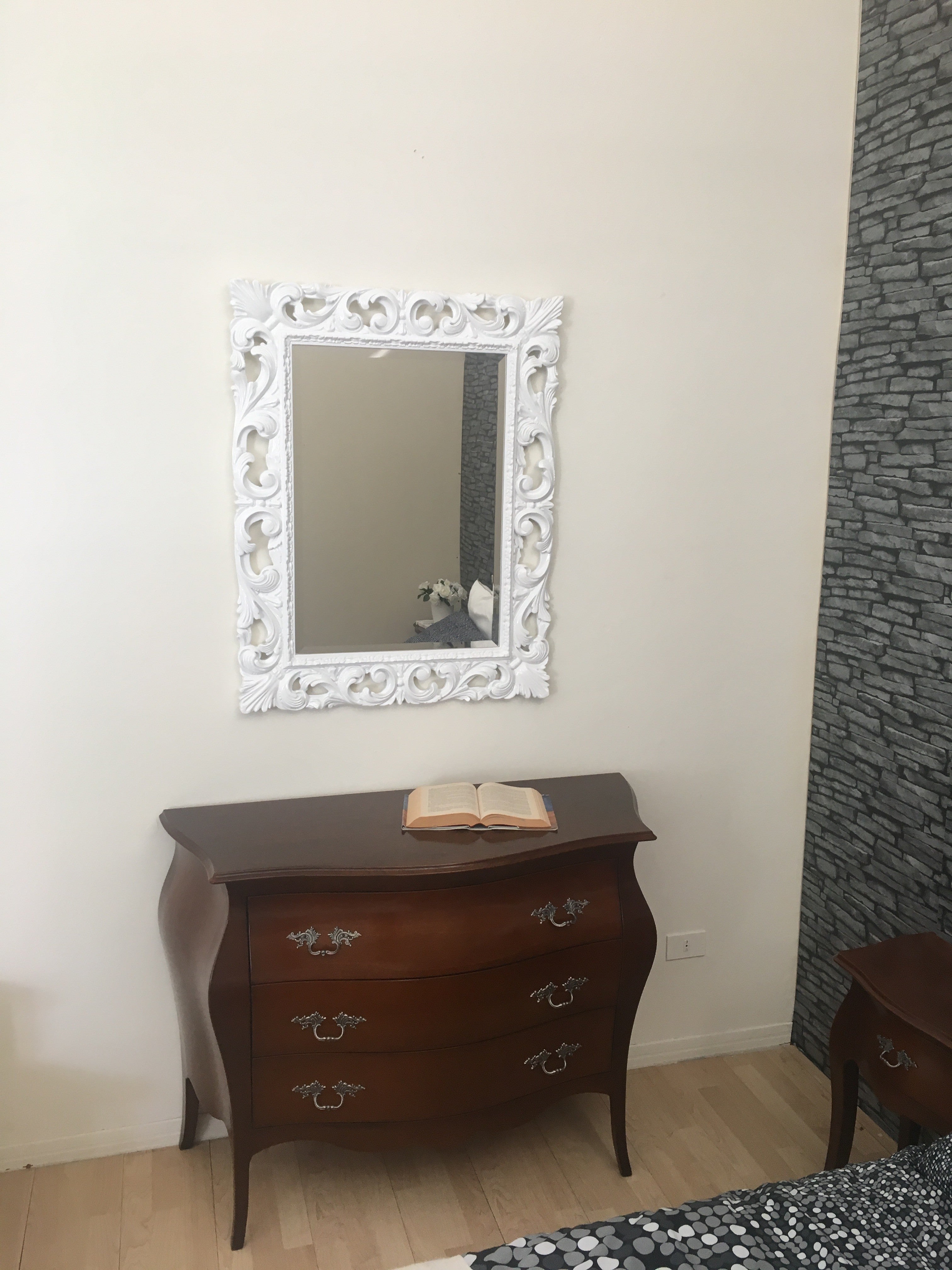 Specchiera barocca intagliata bianco lucida  l.74 p.3 h.94