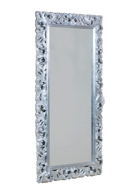 Specchiera barocca intagliata in foglia argento l.107xp.5 h.207 argento