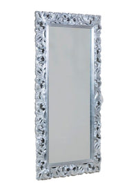 Specchiera barocca intagliata in foglia argento l.107xp.5 h.207 argento