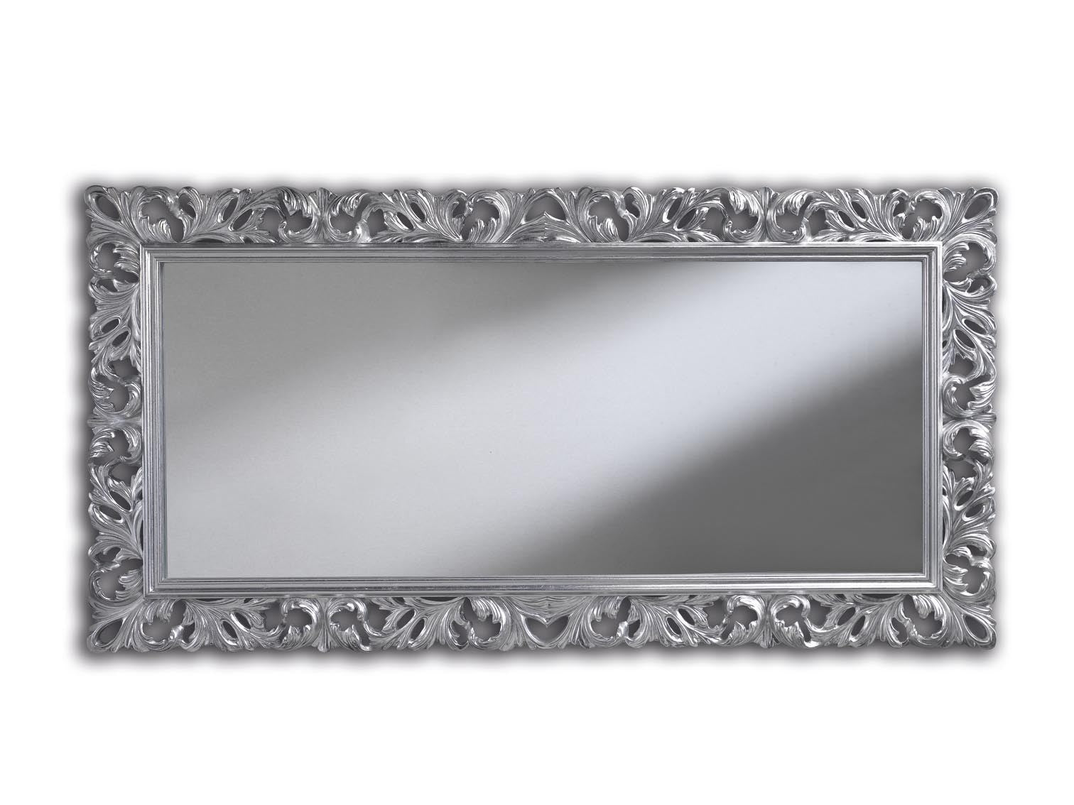 Specchiera barocca intagliata in foglia argento l.107xp.5 h.207 argento