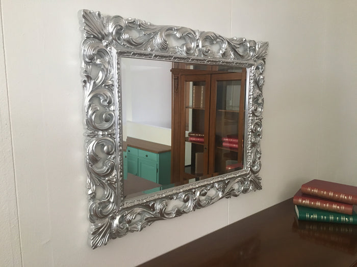 Specchiera barocca intagliata in foglia argento l.74 p.3 h.94