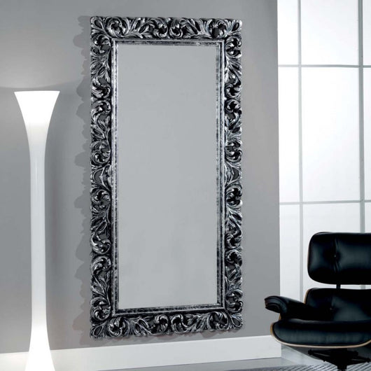 Specchiera intagliata argento/nero invecchiata l.107xp.5 h.207