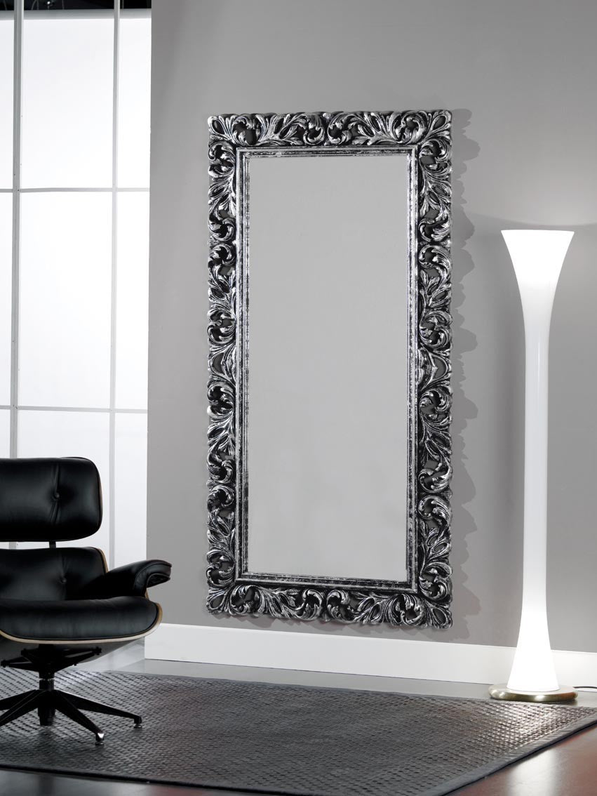 Specchiera intagliata argento/nero invecchiata l.107xp.5 h.207