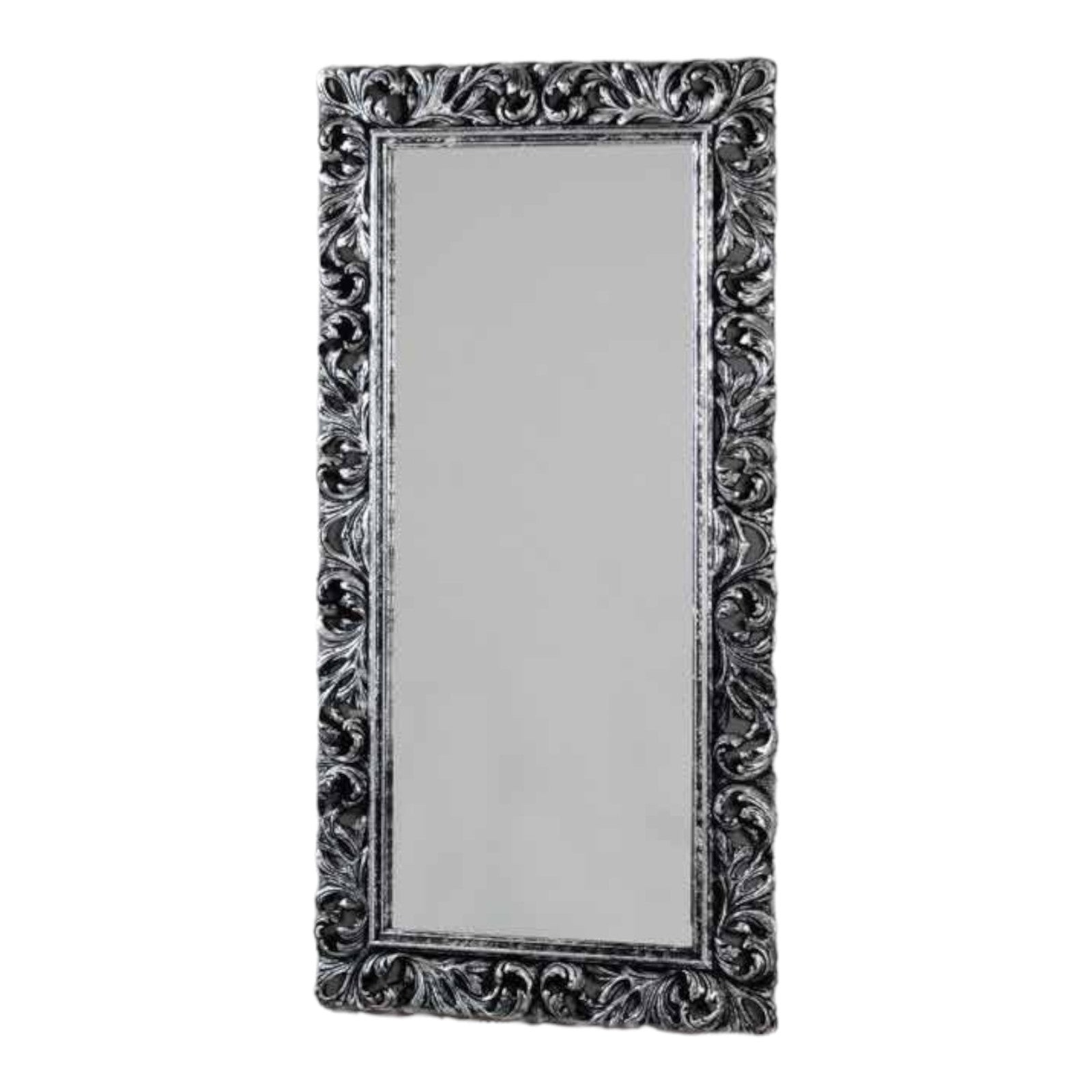 Specchiera intagliata argento/nero invecchiata l.107xp.5 h.207