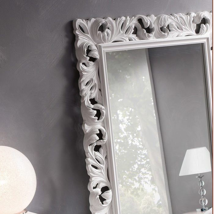 Specchiera rettangolare barocca intagliata bianco lucido l.107xp.5 h.207