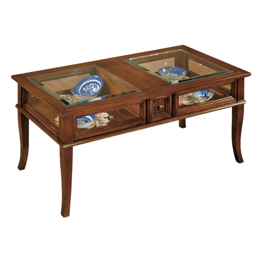 Tavolino bacheca arte povera vetro e legno tinta noce l.100 p.55 h.46 - Mobili 2G