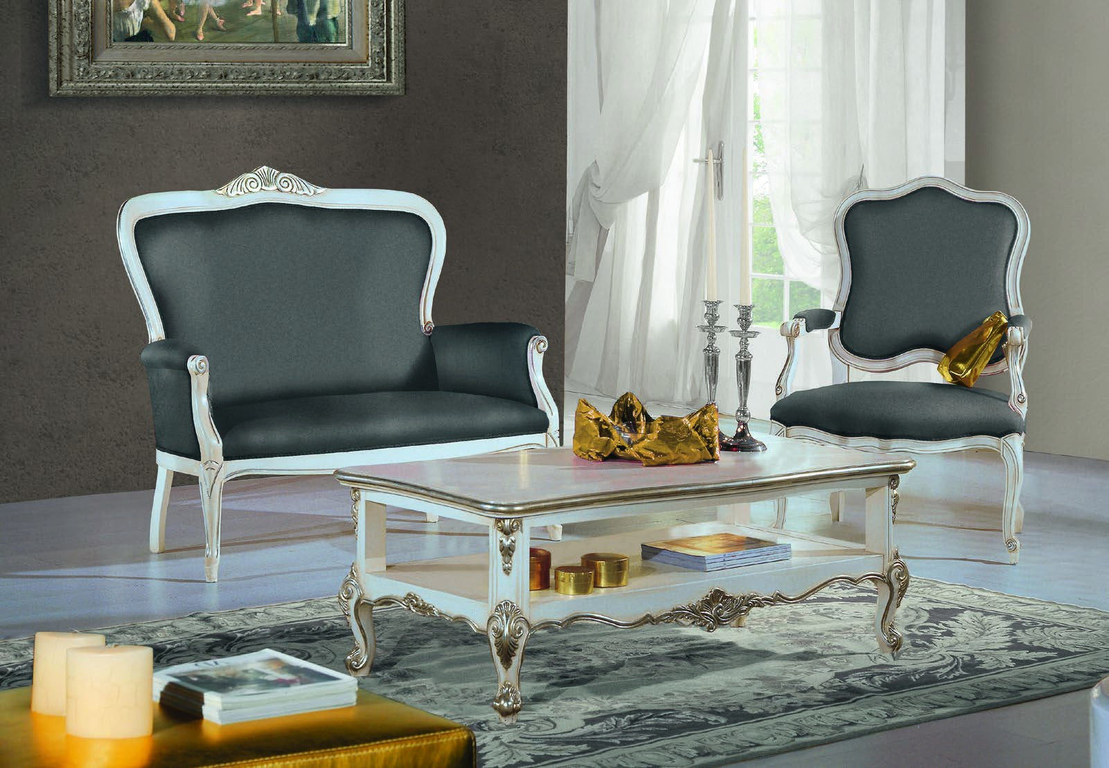 Tavolino classico legno shabby bianco argento 130x75x47 - Mobili 2G