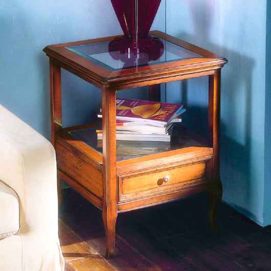 Tavolino classico vetro e legno 1 cassetto finitura bassano l.55 p.55 h.70 - Mobili 2G