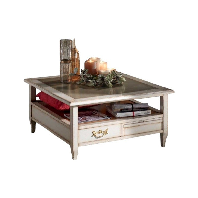 Tavolino quadrato 2 cassetti 2 tiretti legno shabby 90x90x48 - Mobili 2G