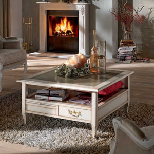 Tavolino quadrato 2 cassetti 2 tiretti legno shabby 90x90x48 - Mobili 2G