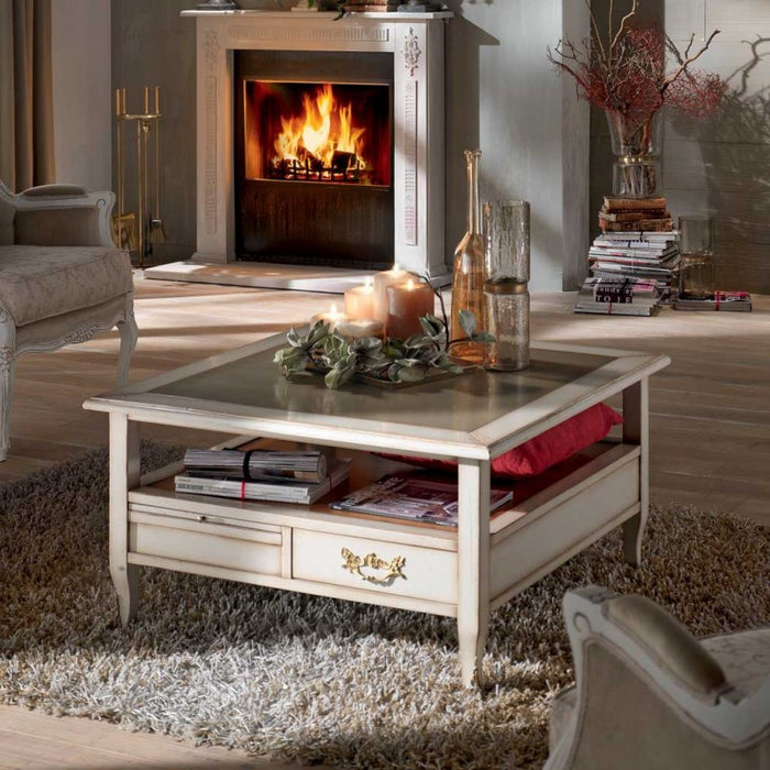 Tavolino quadrato 2 cassetti 2 tiretti legno shabby 90x90x48 - Mobili 2G