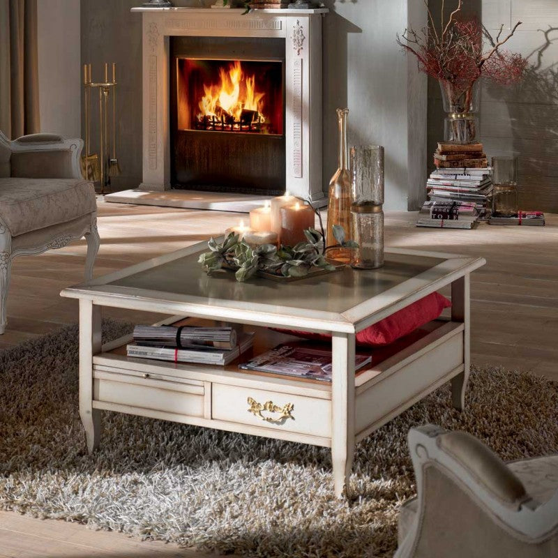 Tavolino quadrato 2 cassetti 2 tiretti legno shabby 90x90x48 - Mobili 2G