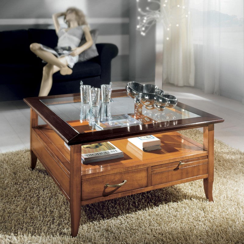 Tavolino quadrato classico 2 cassetti 2 tiretti legno bicolore 90x90x48 - Mobili 2G