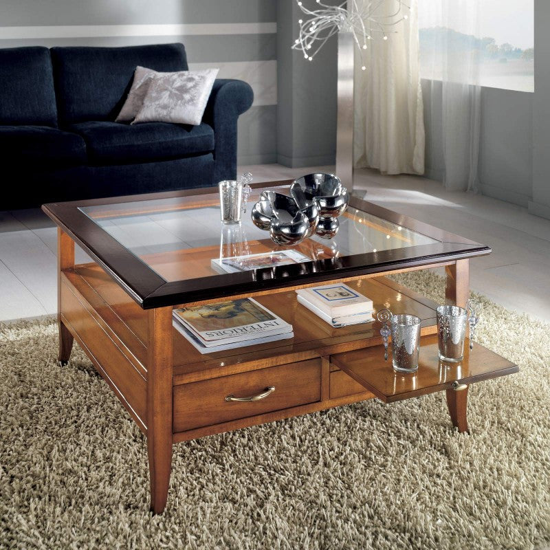 Tavolino quadrato classico 2 cassetti 2 tiretti legno bicolore 90x90x48 - Mobili 2G