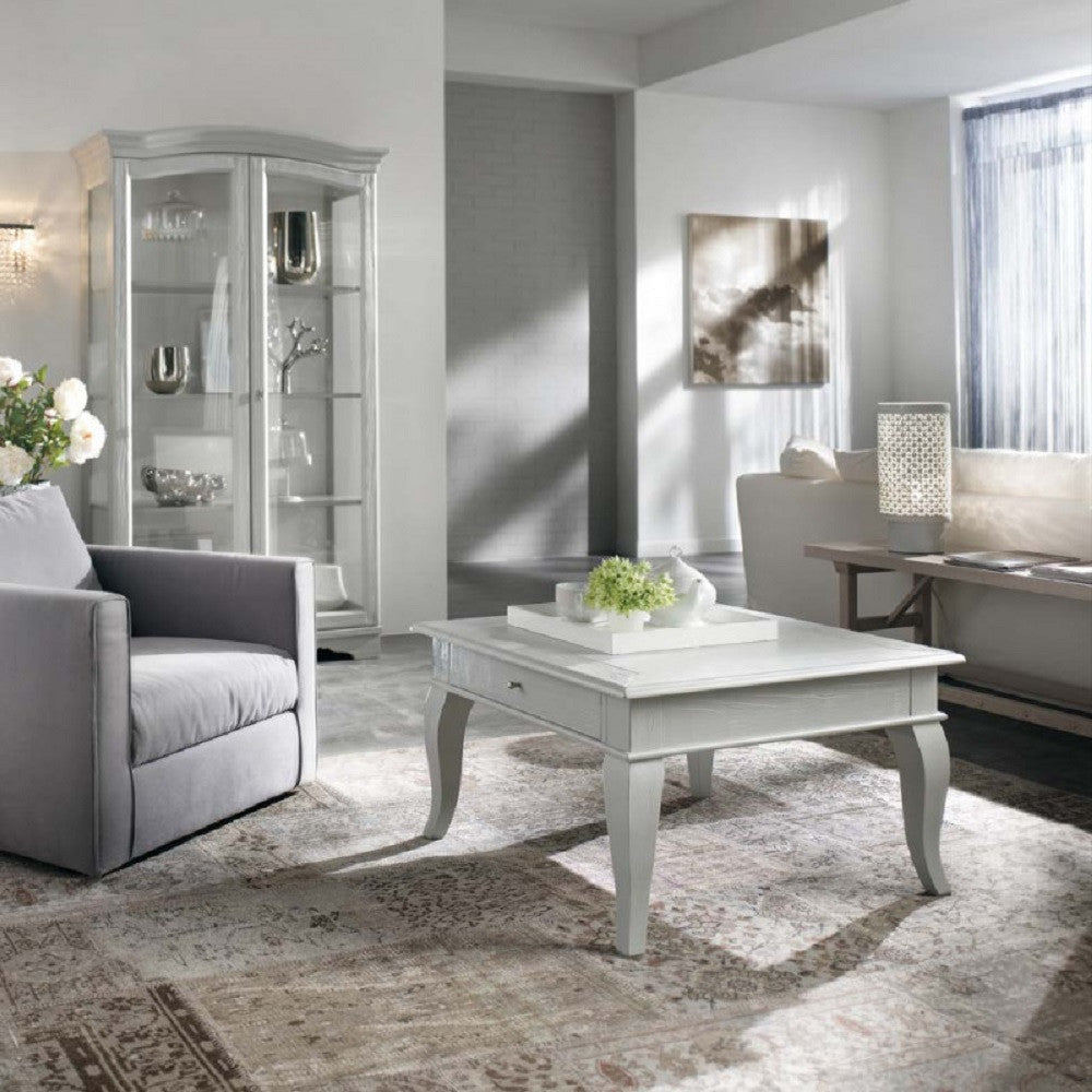 Tavolino shabby quadrato 1 cassetto legno massello bianco l.80 p.80 h.48 - Mobili 2G