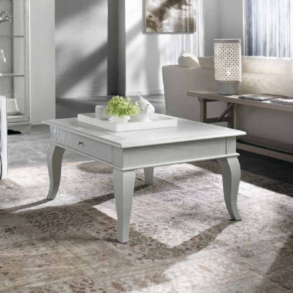 Tavolino shabby quadrato 1 cassetto legno massello bianco l.80 p.80 h.48 - Mobili 2G