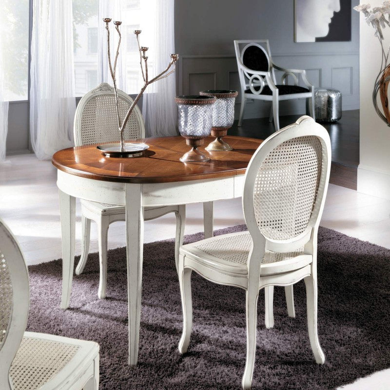 Tavolo ovale allungabile classico legno intarsio shabby bicolore 115x95x78 - Mobili 2G