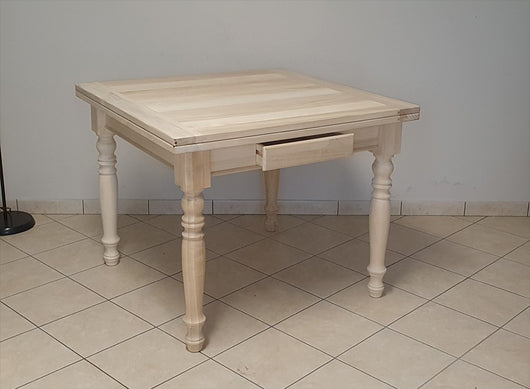 Tavolo quadrato allungabile a libro in legno massello grezzo 100x100x80 - Mobili 2G