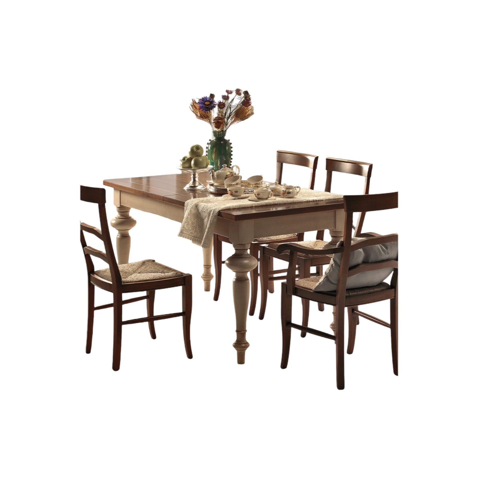 Tavolo shabby allungabile gamba tornita in legno avorio/noce l.160 p.90 h.80 - Mobili 2G