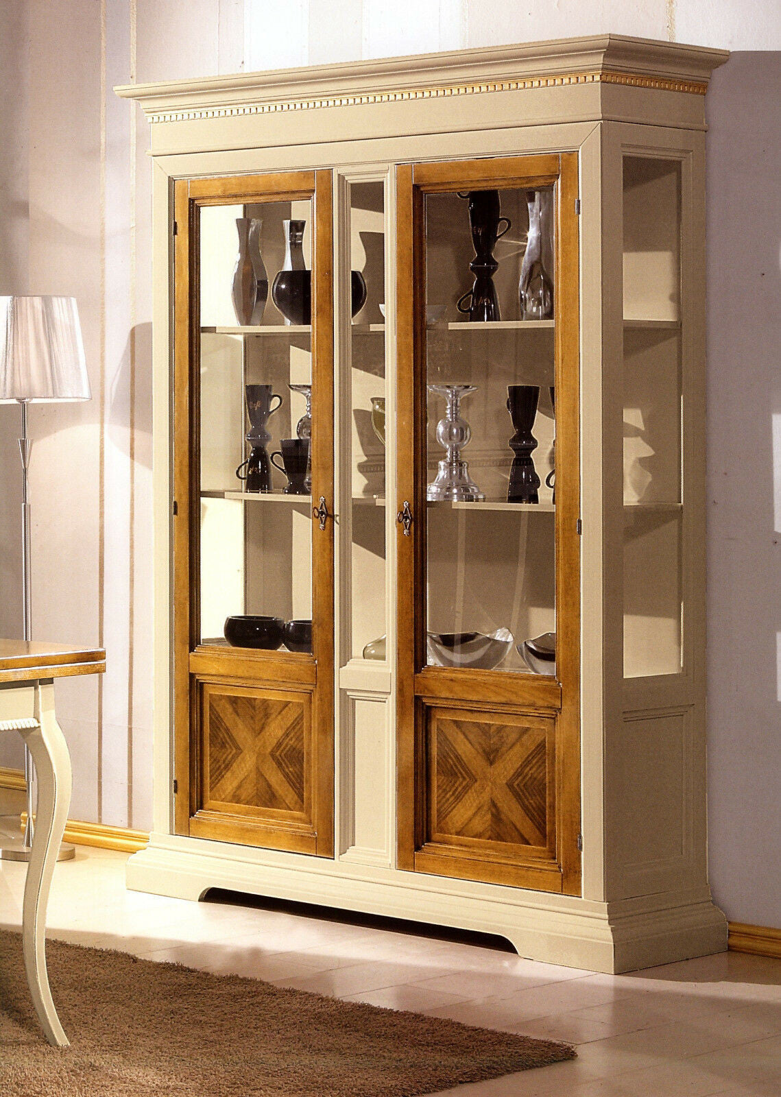 Vetrina 2 porte in legno classica avorio noce 146x53x213 - Mobili 2G