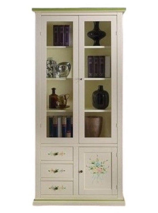 Vetrina 3 ante 3 cassetti in legno shabby avorio anticato decorato 90x41x186 - Mobili 2G