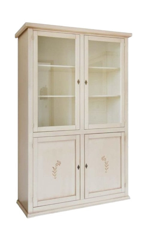 Vetrina 4 ante in legno shabby avorio anticato decorata 120x41x187 - Mobili 2G