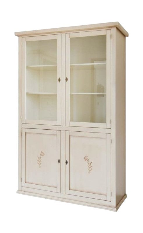 Vetrina 4 ante in legno shabby avorio anticato decorata 120x41x187 - Mobili 2G