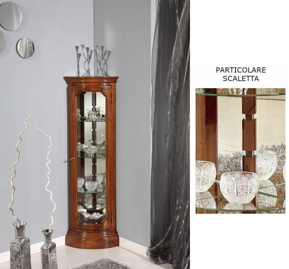 Vetrina ad angolo vetro curvo classica legno tinta noce 33x33x138 - Mobili 2G