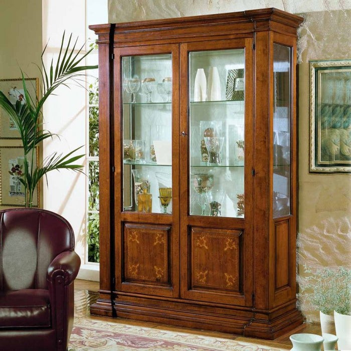 Vetrina classica 2 porte in legno intarsiata ragno 150x54x216