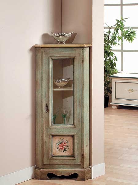 Mobile angolo in legno 1 porta 3 ripiani arte povera laccato verde 49x31x116 (1333) - Mobili 2G