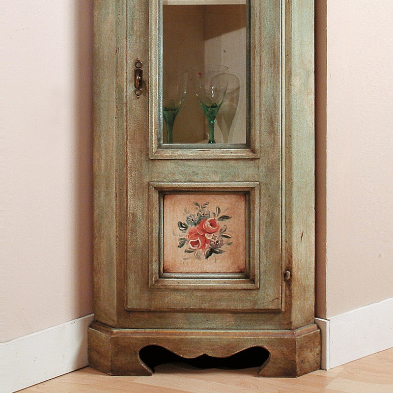 Mobile angolo in legno 1 porta 3 ripiani arte povera laccato verde 49x31x116 (1333) - Mobili 2G