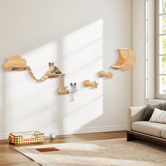 Mensole per gatti a muro con amaca tiragraffi e gioco pensile per gatti da interno-Mobili da parete per gatti da 6 pezzi Beige