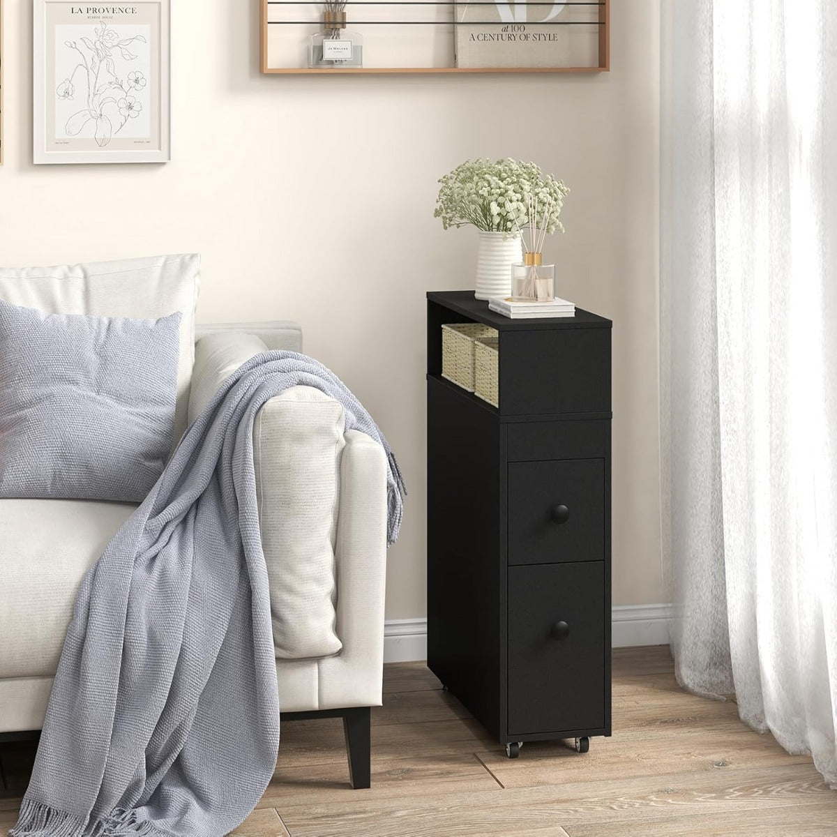 Mobile bagno armadietto stretto per spazi ridotti, Arredo salvaspazio con 2 cassetti Nero-Armadietti da bagno