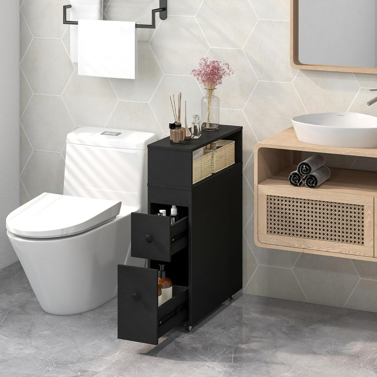 Mobile bagno armadietto stretto per spazi ridotti, Arredo salvaspazio con 2 cassetti Nero-Armadietti da bagno