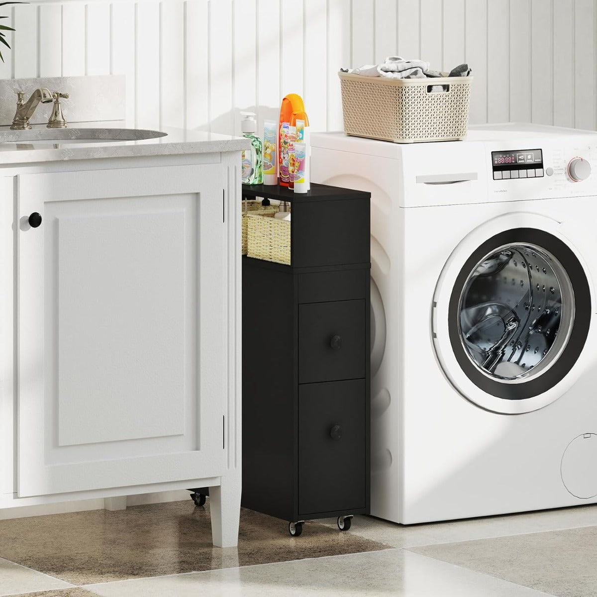 Mobile bagno armadietto stretto per spazi ridotti, Arredo salvaspazio con 2 cassetti Nero-Armadietti da bagno