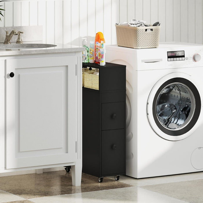 Mobile bagno armadietto stretto per spazi ridotti, Arredo salvaspazio con 2 cassetti Nero-Armadietti da bagno