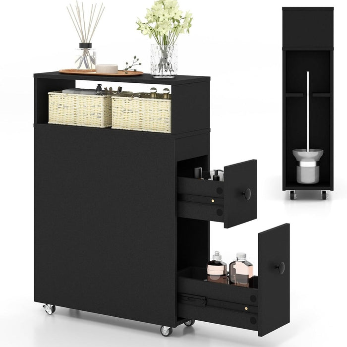 Mobile bagno armadietto stretto per spazi ridotti, Arredo salvaspazio con 2 cassetti Nero-Armadietti da bagno