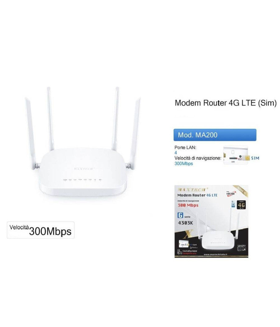 Modem Router 4g Lte 300mbps Ad Alta Velocità  Sim Card 4 Antenne Maxtech Ma200         