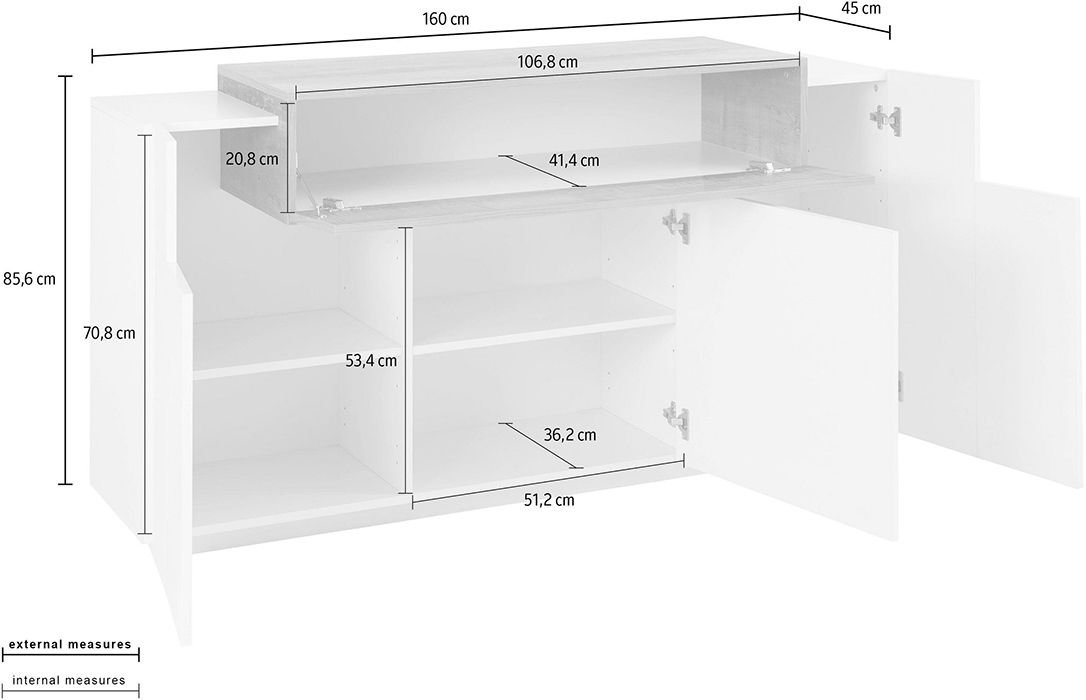 Madia moderna di design con 3 ante e una ribalta in finitura Bianco lucido e Ardesia, ZTCNV98440103