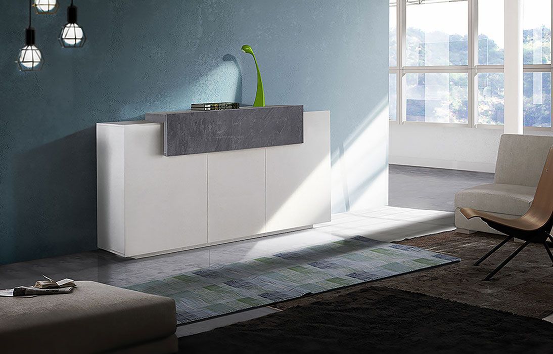 Madia moderna di design con 3 ante e una ribalta in finitura Bianco lucido e Ardesia, ZTCNV98440103