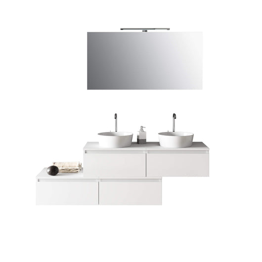 Mobile Bagno 160cm Con Doppio Lavabo, 4 Basi Con Cassetti E Specchio Con Lampada - Bianco