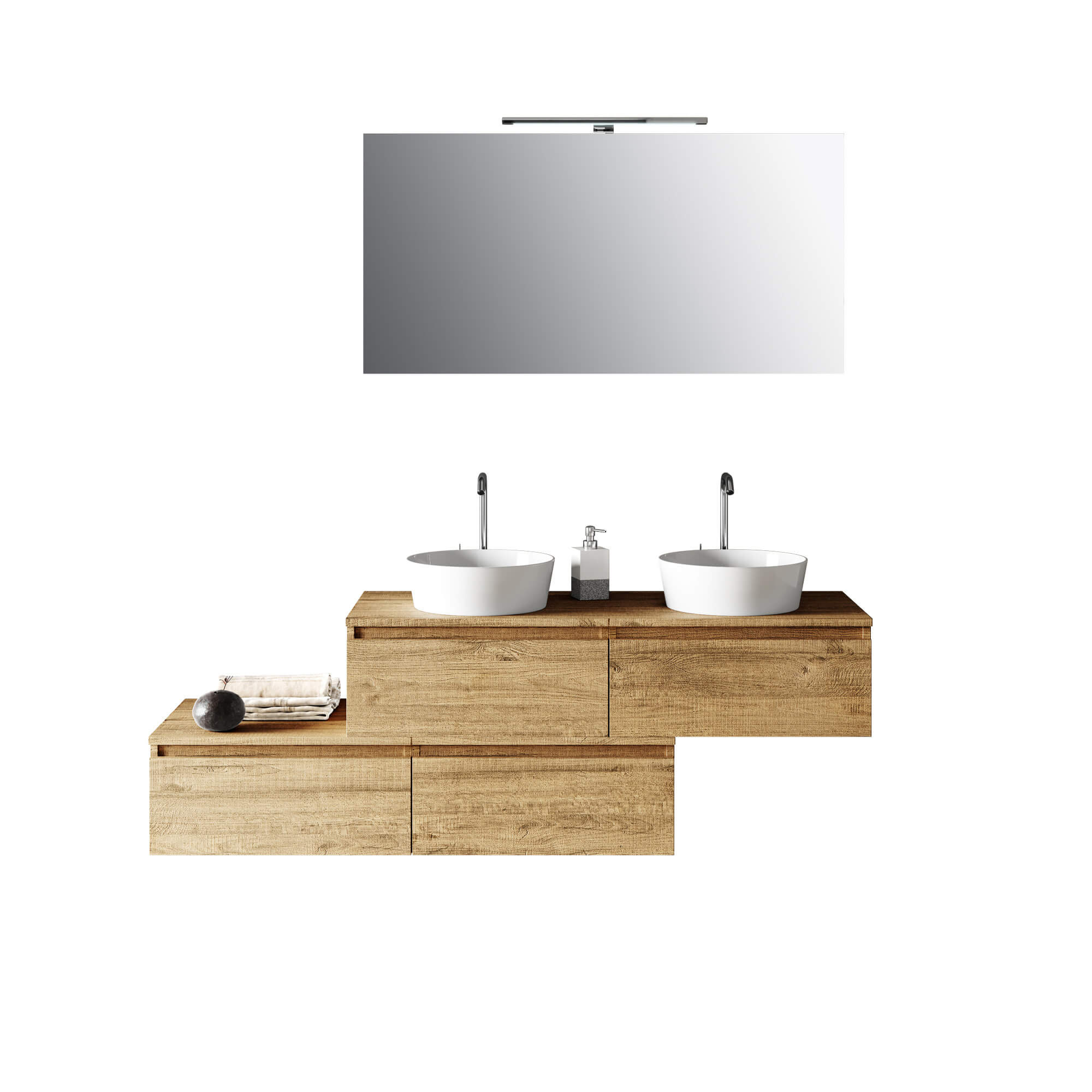 Mobile Bagno 160cm Con Doppio Lavabo, 4 Basi Con Cassetti E Specchio Con Lampada - Rovere Miele